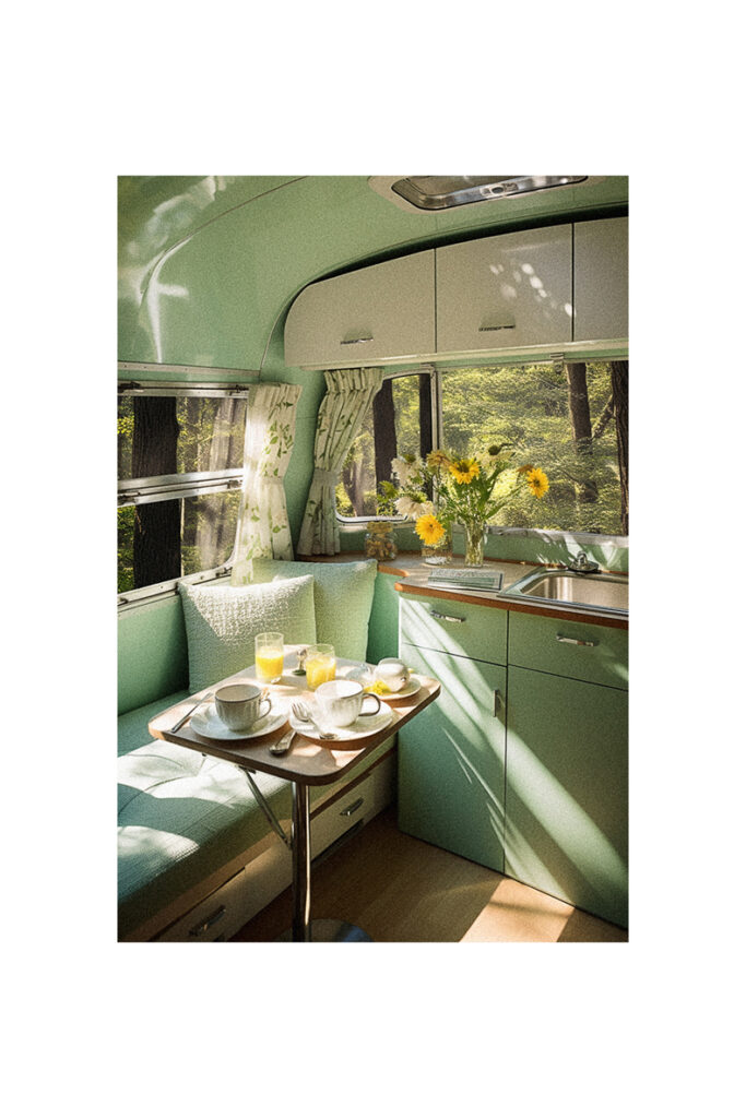 A vintage airstream trailer remodeled with a table and chairs in the woods.