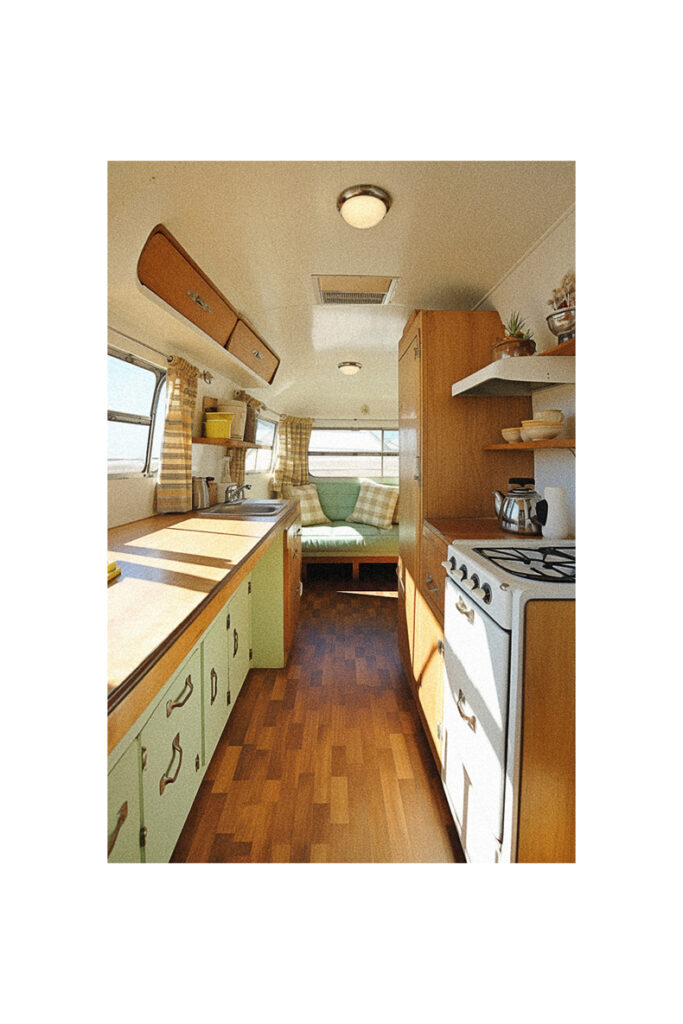 A vintage trailer remodel with a camper van kitchen featuring wood floors and a stove.