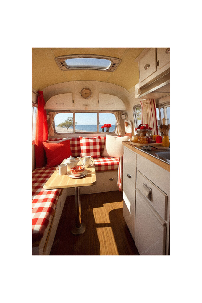 A vintage camper van remodeled with a cozy table and chairs setup.