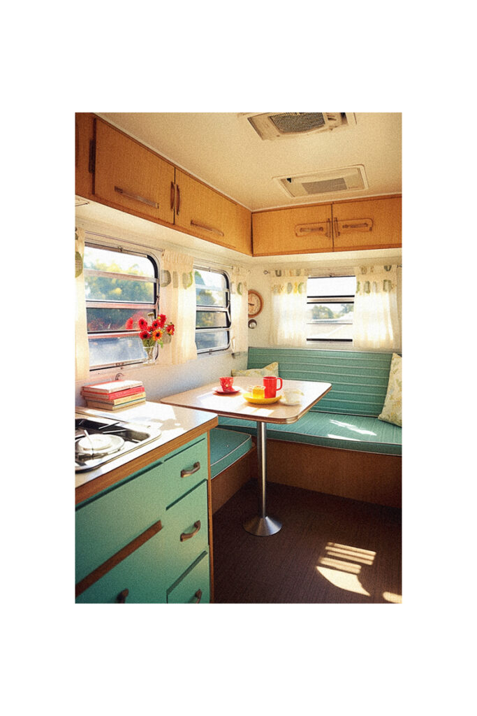 A renovated vintage kitchen in an RV.