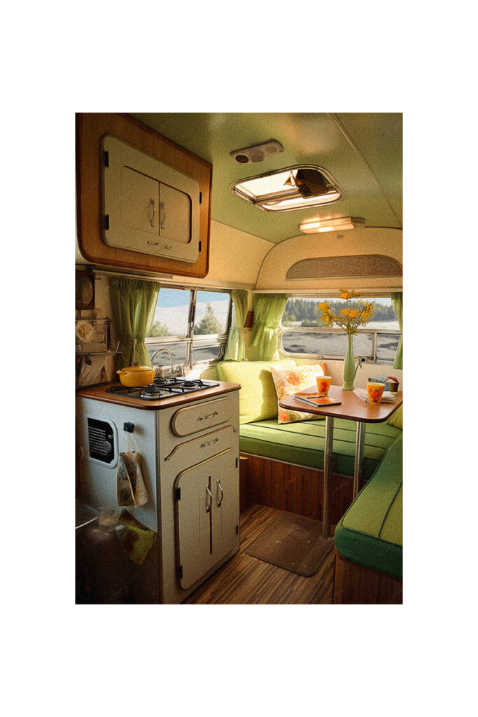 Vintage camper with stove and sink.