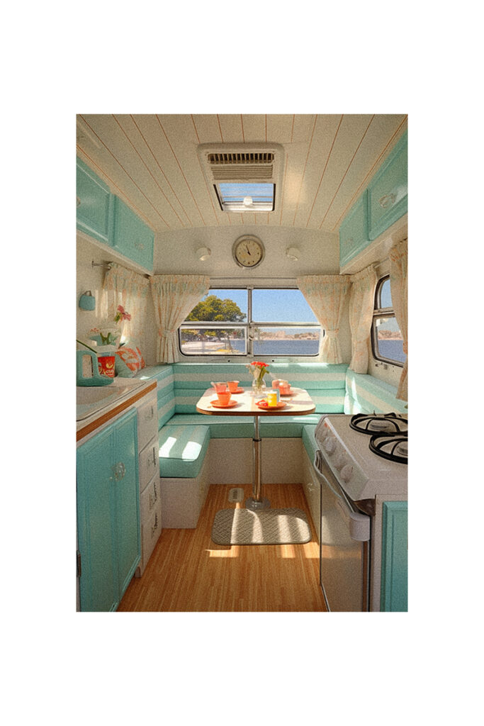 A vintage trailer remodel with a kitchen featuring blue walls and white countertops.