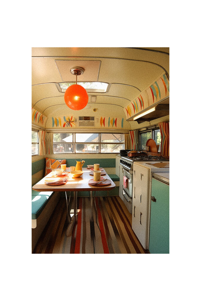 A vintage rv kitchen with a table and chairs.