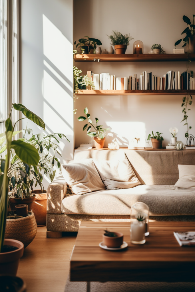 Enhance your apartment aesthetic with a cozy living room featuring bookshelves adorned with delightful plants.