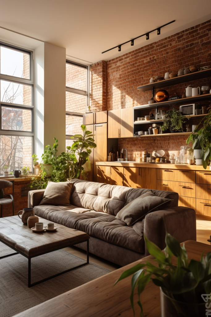 An aesthetically pleasing living room with a brick wall in an apartment.