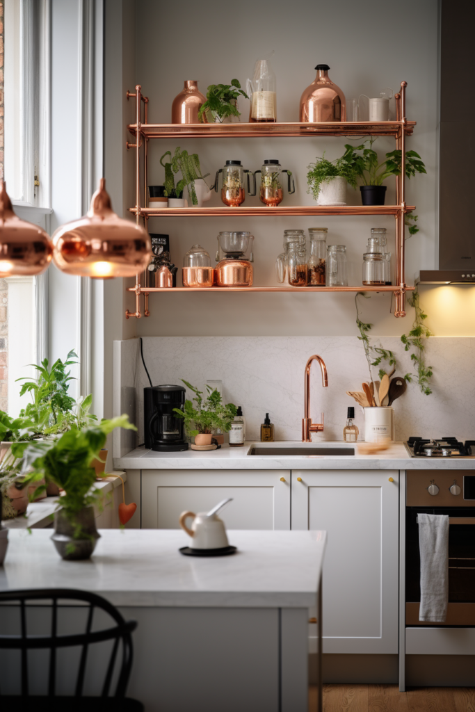 A kitchen with copper shelves and potted plants, perfect for creating an apartment aesthetic.