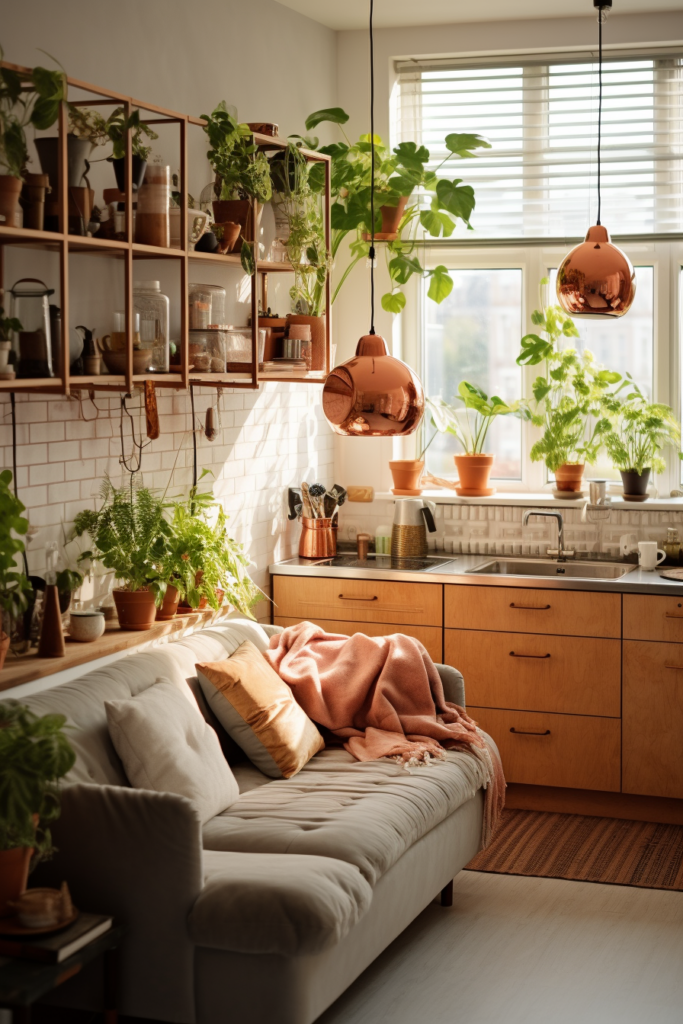 An apartment kitchen featuring a variety of potted plants and a cozy couch for a charming aesthetic.