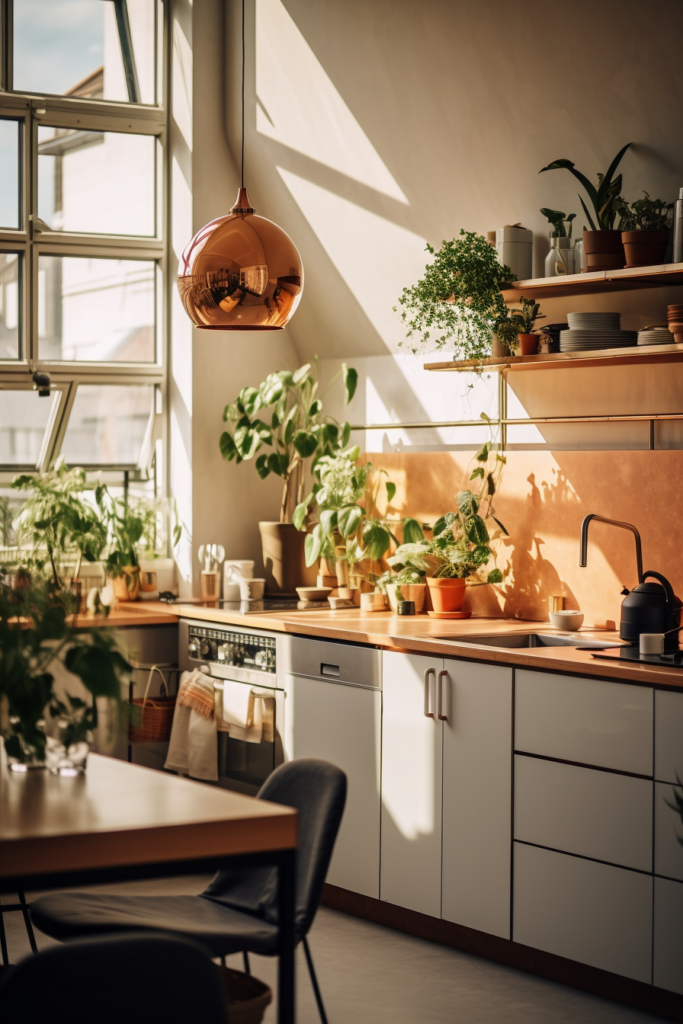 An apartment kitchen with a lot of plants, enhancing its aesthetic.