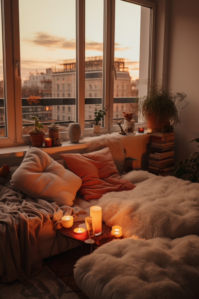 An apartment living room featuring a cozy couch adorned with flickering candles, showcasing an aesthetic ambiance.