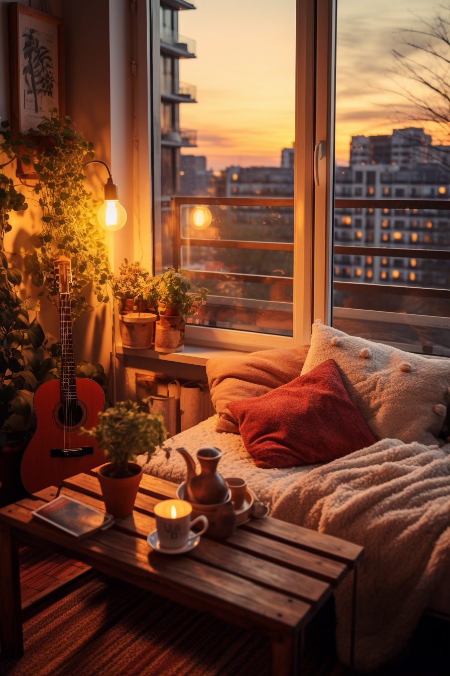 An apartment window with a stunning view of the city, creating a captivating aesthetic ambiance.
