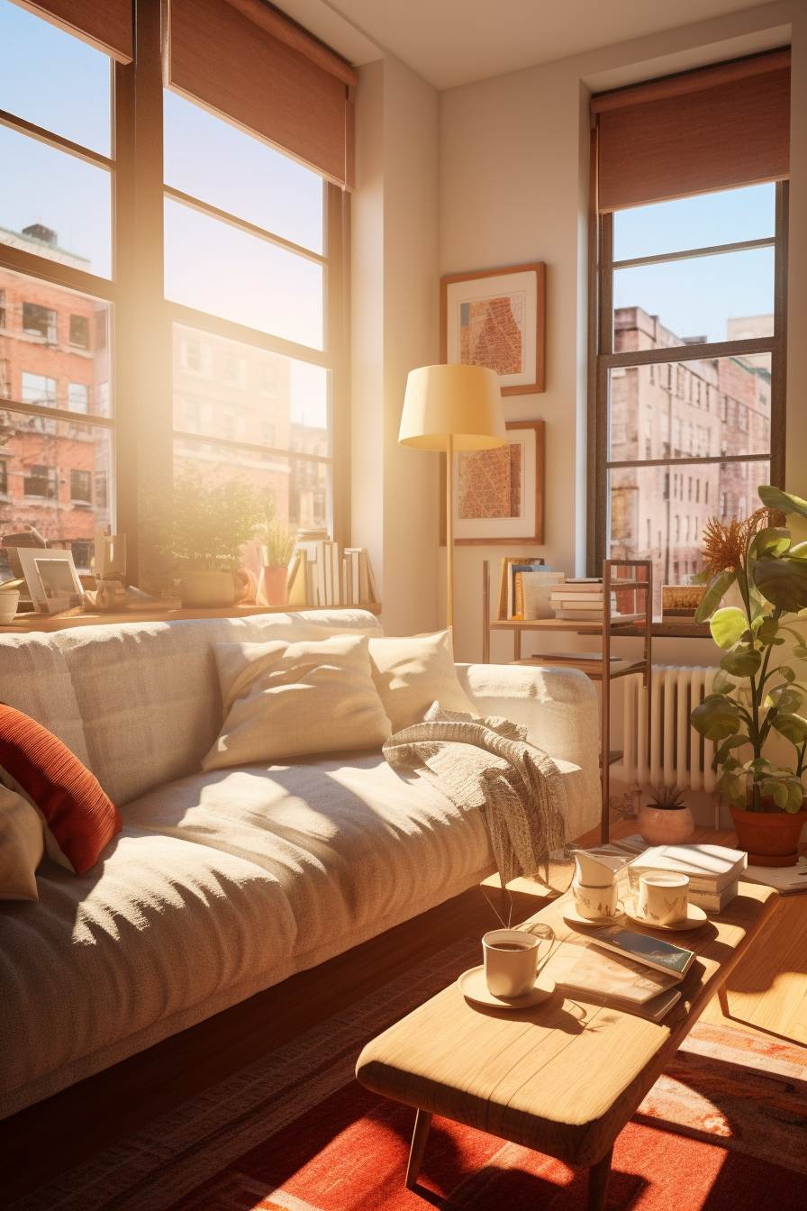Discover apartment aesthetic tips through a stunning 3D rendering of a living room featuring a cozy sofa and stylish coffee table.