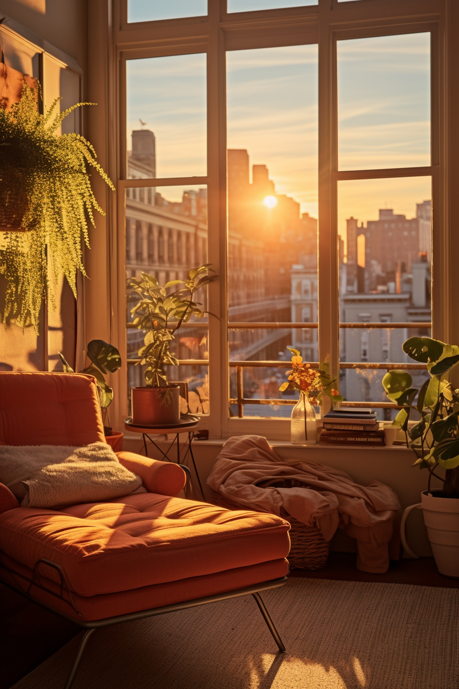 An apartment window with a breathtaking view of the city.