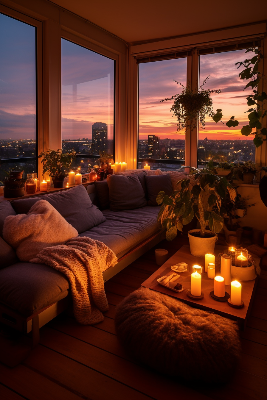 Aesthetic apartment living room with a couch adorned by candles.