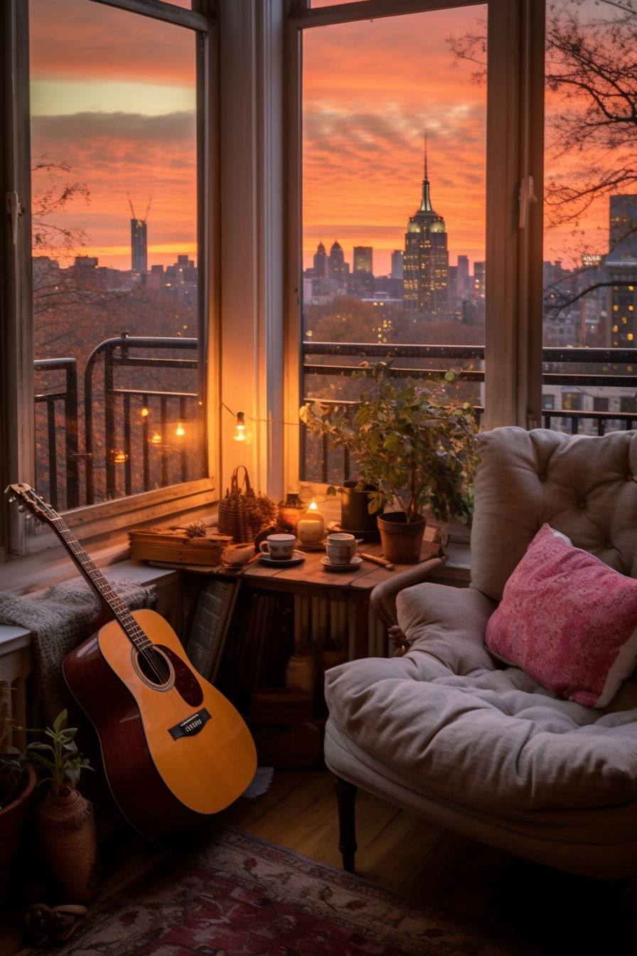 An acoustic guitar complements the apartment aesthetic as it sits in front of a window with a view of the city.