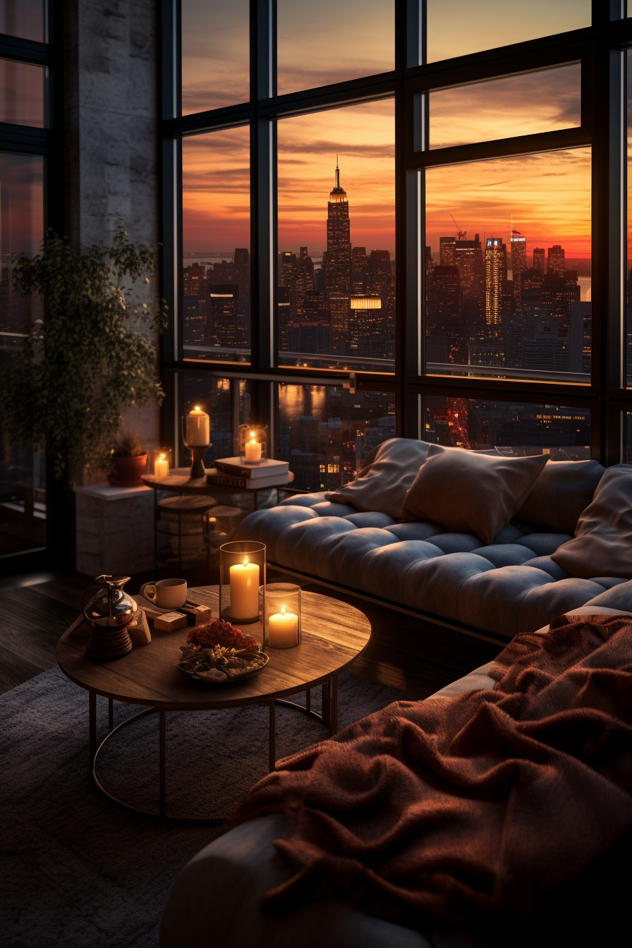 An aesthetically pleasing apartment living room with candles, offering a stunning city view.