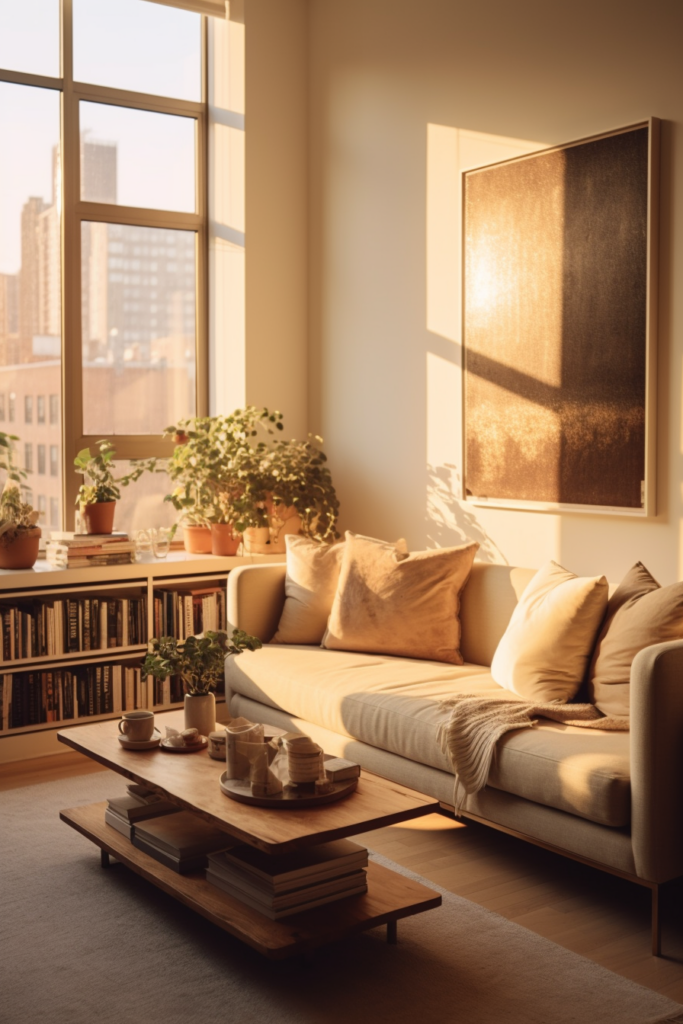 A living room with a large window, perfect for creating an apartment aesthetic.