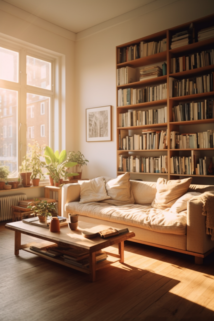 An apartment living room with beautiful bookshelves, showcasing an aesthetic and providing valuable tips.