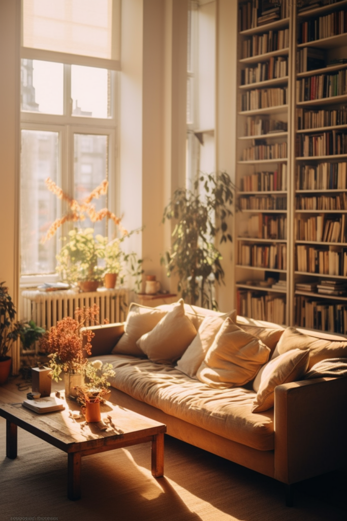 Welcome to an apartment with a cozy living room featuring a beautiful couch accompanied by stylish bookshelves.