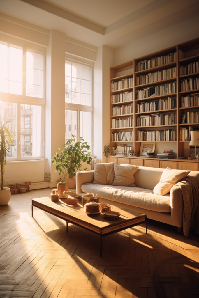 Enhance your apartment aesthetic with a cozy living room adorned with stylish bookshelves.