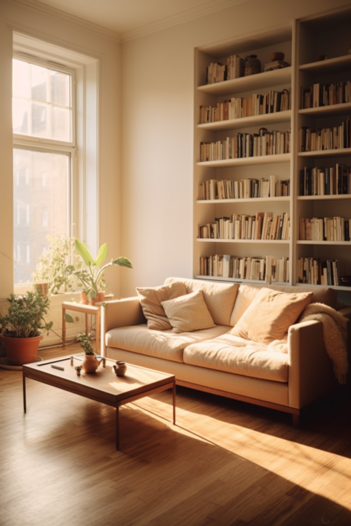         Looking to create an apartment aesthetic? Look no further than this cozy living room. Adorned with bookshelves and a coffee table, it's the perfect space for relaxation and leisure.