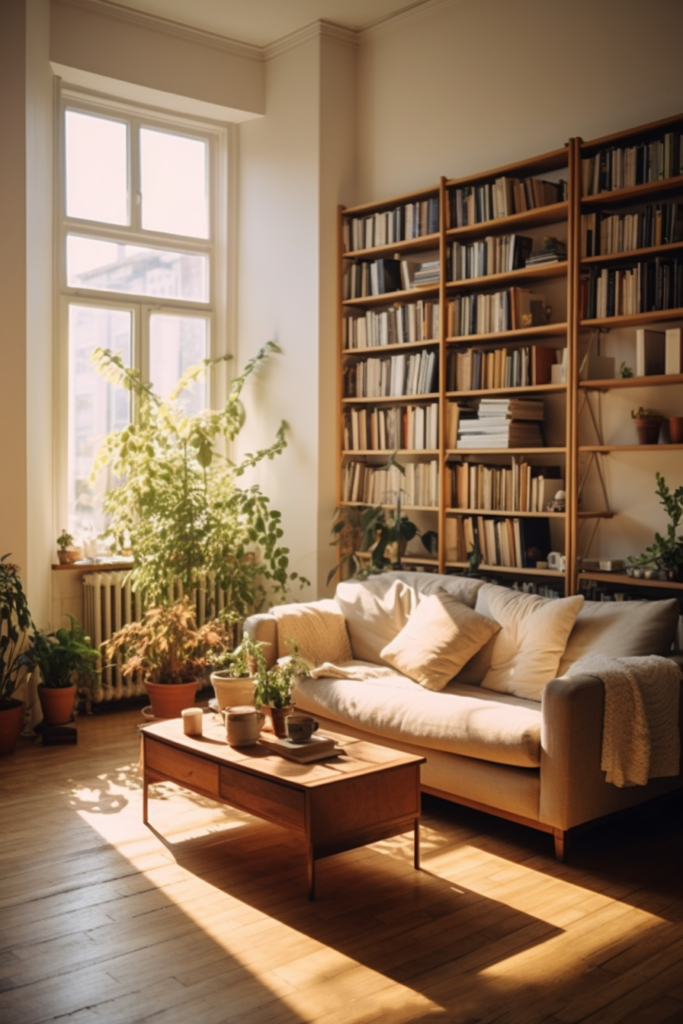 This living room boasts a stylish aesthetic with a cozy couch and elegant bookshelves, perfect for apartment dwellers seeking some aesthetic tips.