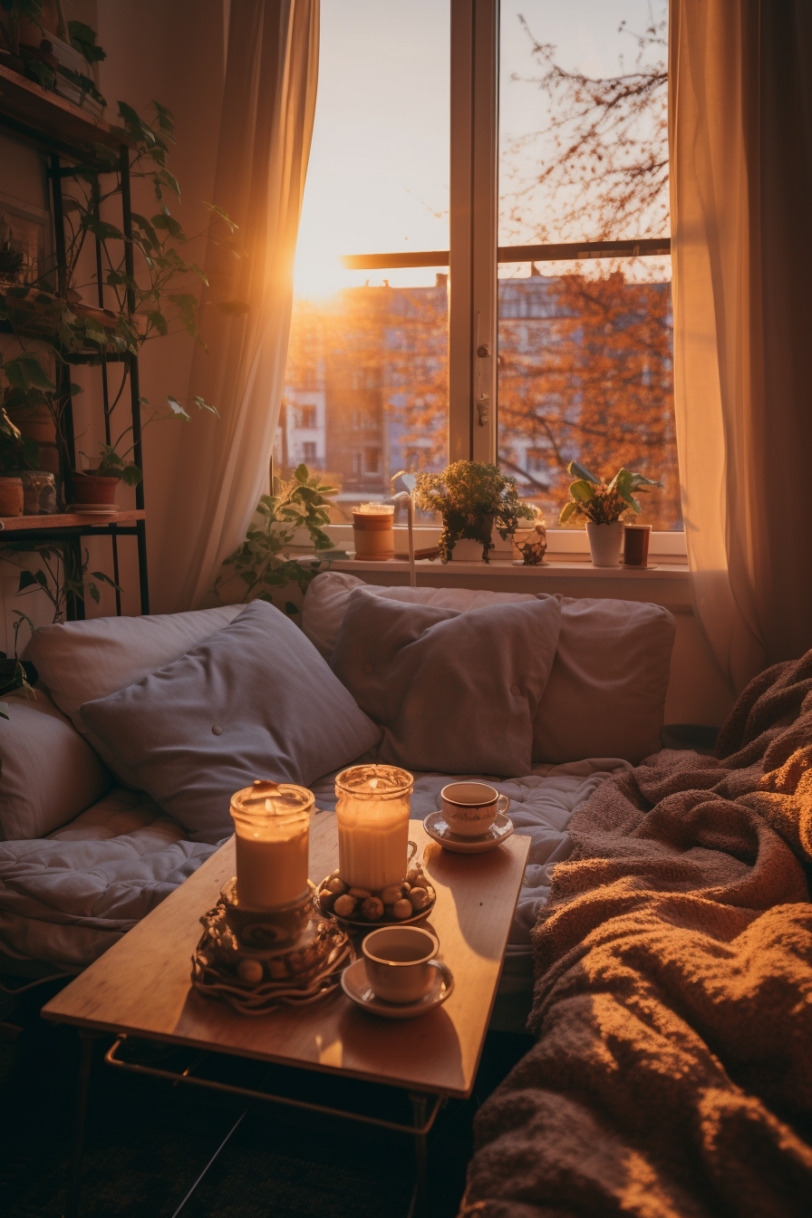An apartment with a couch in front of a window, adorned with pillows and blankets for an aesthetic touch.