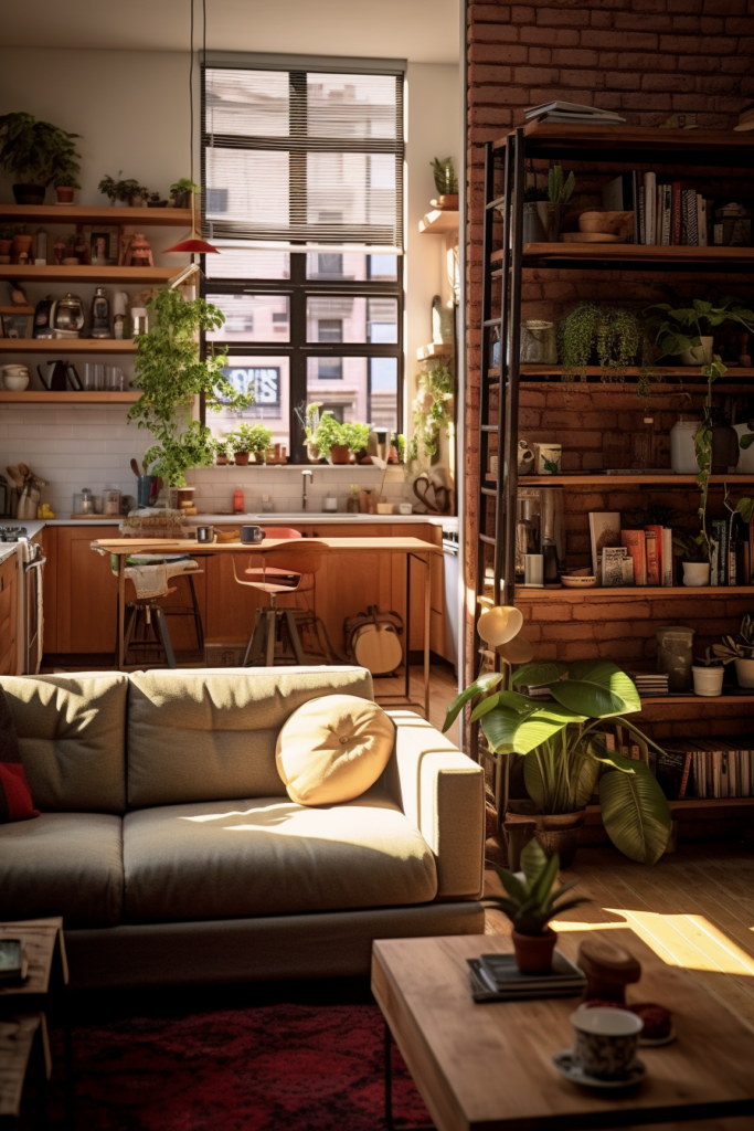         A cozy living room with a couch and bookshelves, perfect for creating an apartment aesthetic.