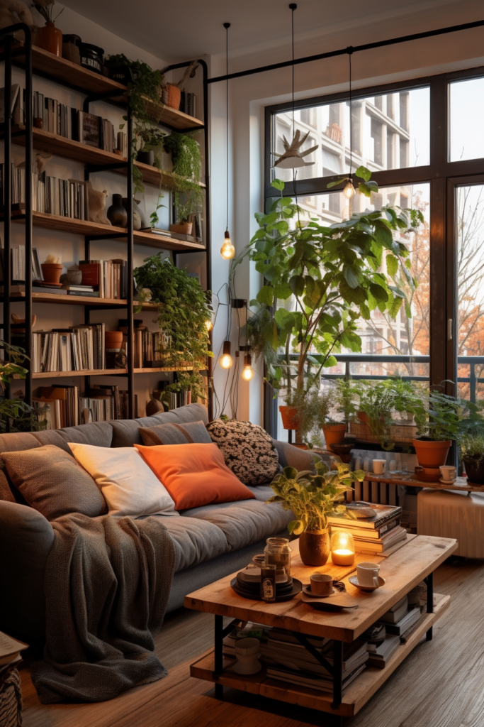 An aesthetically pleasing living room in an apartment filled with bookshelves and plants.