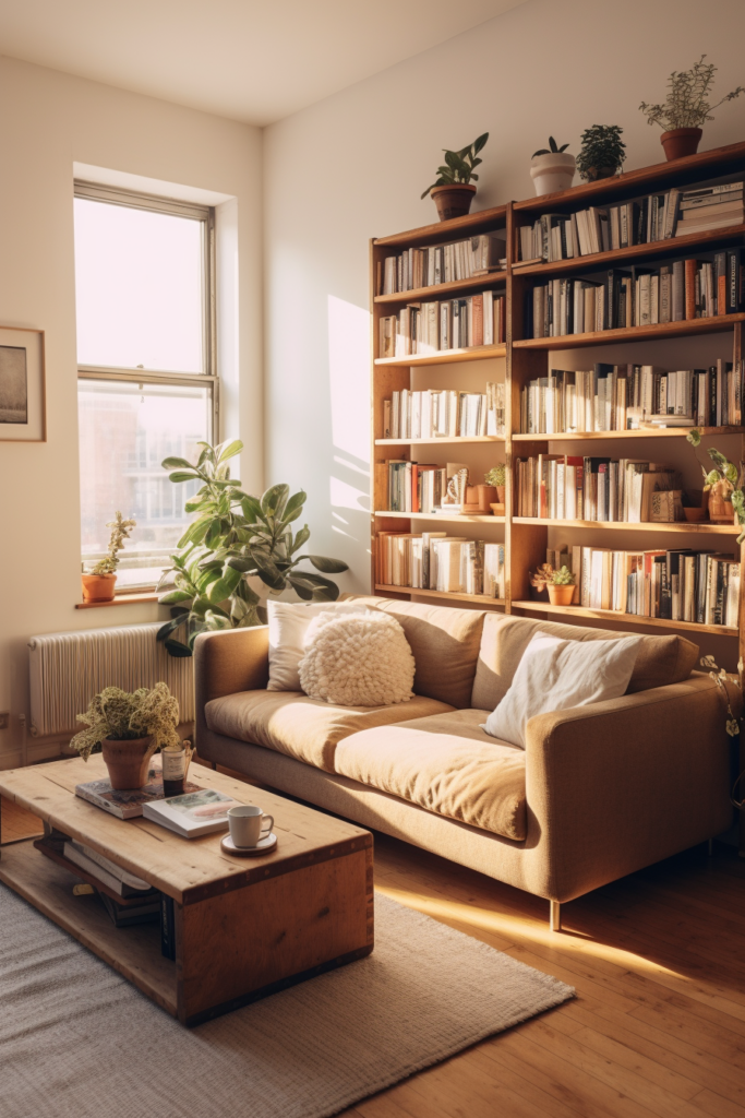         A cozy living room with bookshelves and a coffee table, perfect for an apartment.