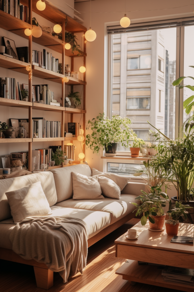 An apartment living room adorned with an abundance of plants and bookshelves, exuding a cozy and inviting aesthetic.