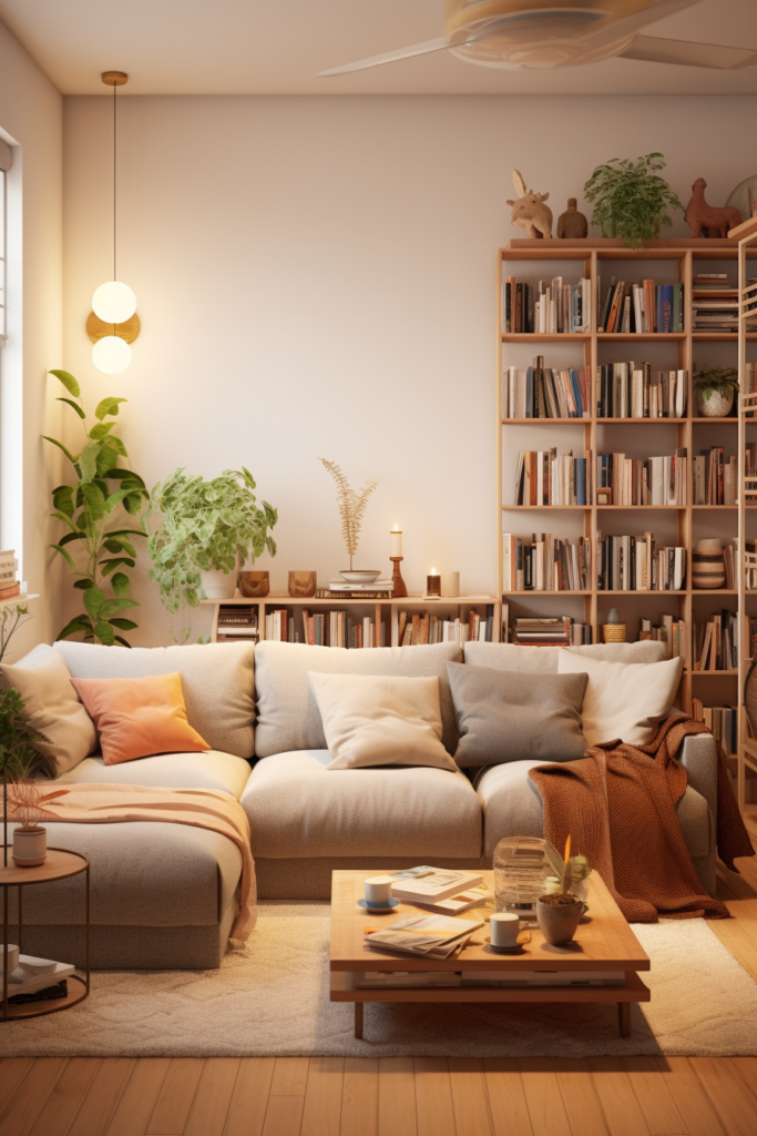 An aesthetic living room in an apartment adorned with a beautiful couch and bookshelves. Tips for arranging furniture and decor to create a cozy atmosphere.