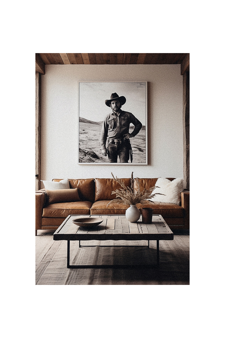 A western-inspired living room with a man in a cowboy hat.