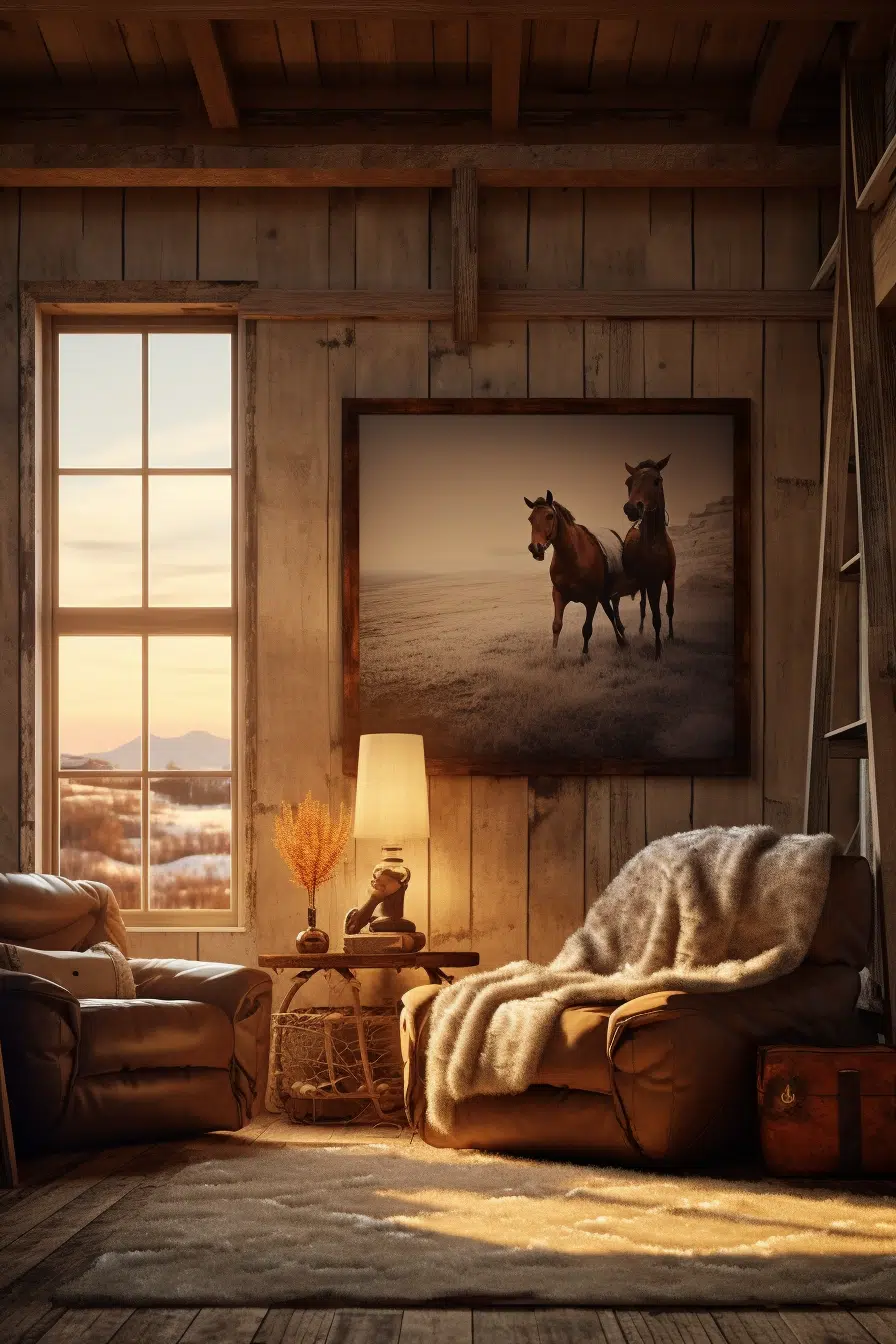 A **Western** living room with a picture of horses.