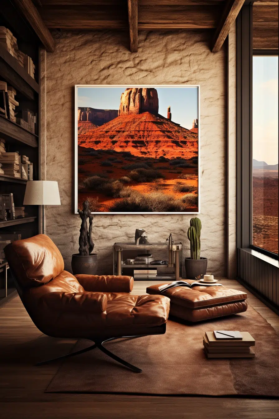 A brown leather chair in a Western themed room.