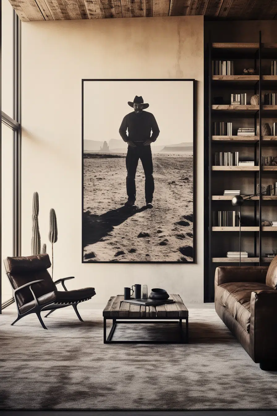 A black and white photo of a cowboy in a Western living room.
