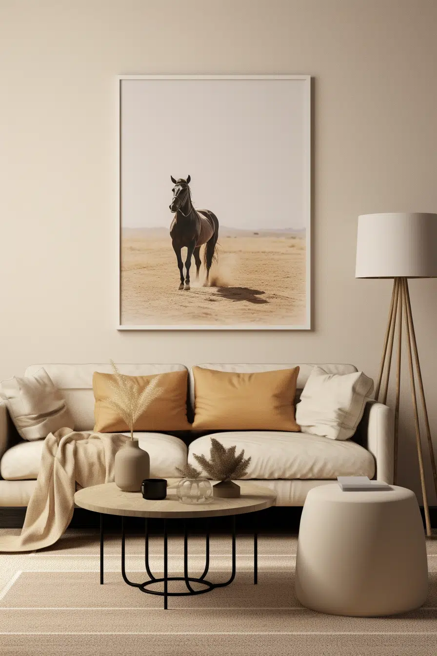 Western Room Inspo: A living room with a horse on the wall, creating a unique and rustic touch.
