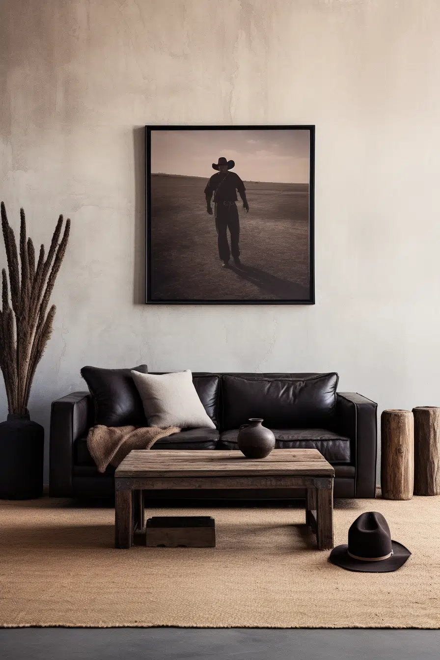 A living room with a black couch and a framed picture of a cowboy, giving off Western Room Inspo vibes.