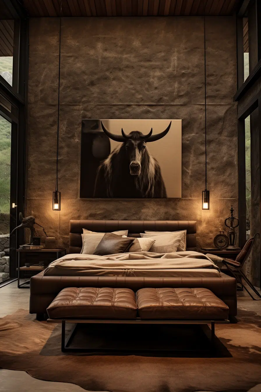 A Western-inspired bedroom with a large bed and a cow print on the wall.