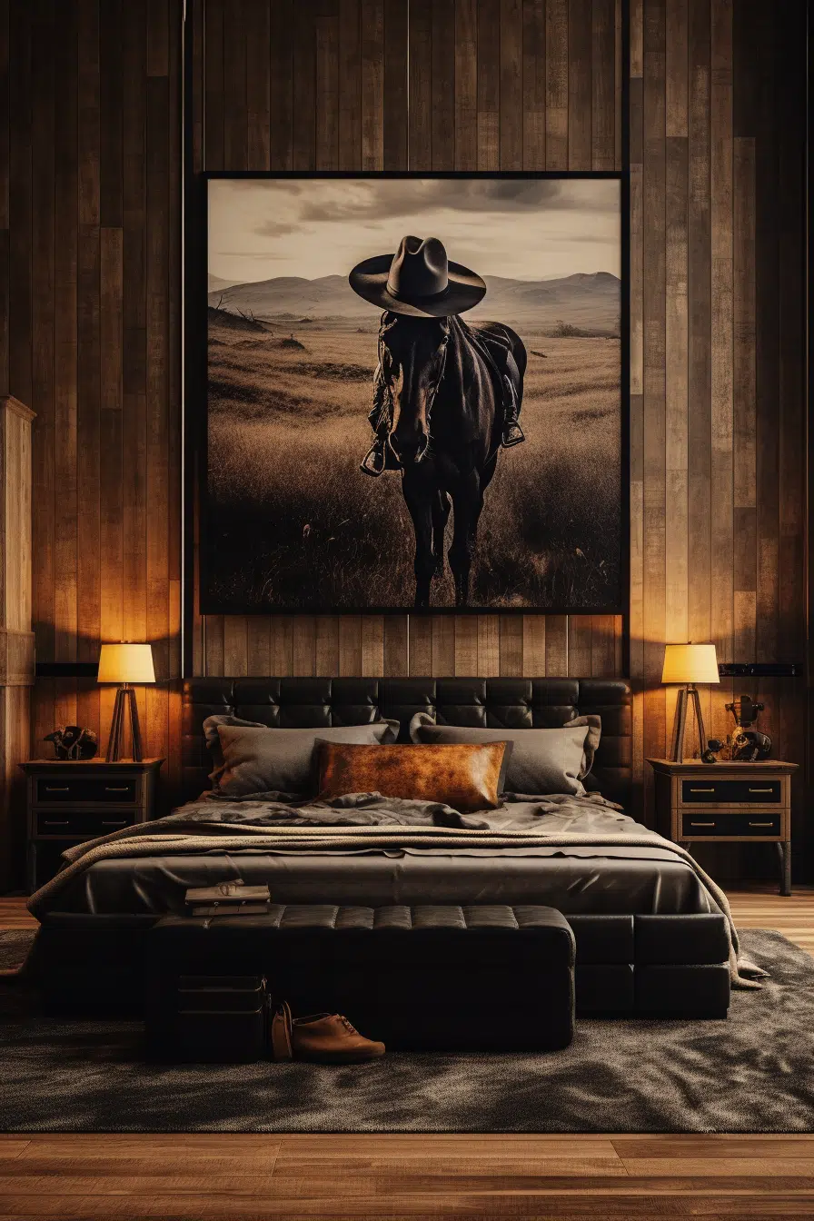 A bed in a Western-themed bedroom with a picture of a horse on it.