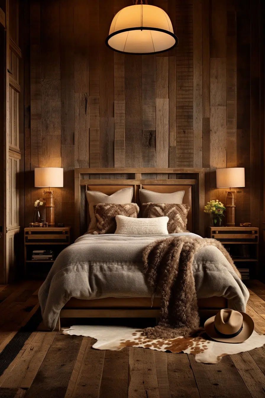 Western-inspired bedroom with wood paneled walls and a cowhide rug.