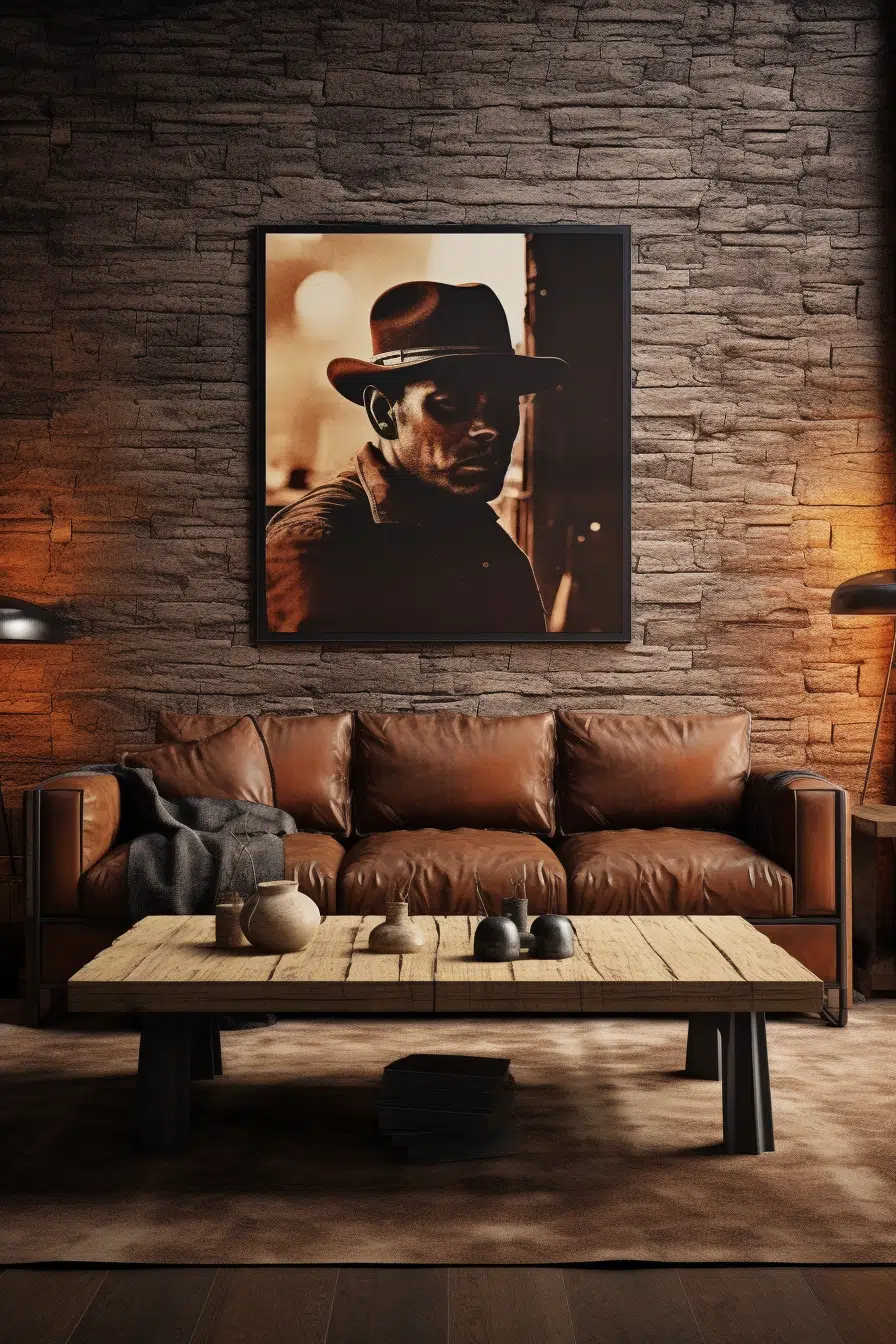 Western Room Inspo: A living room with brown leather furniture and a picture of a man in a cowboy hat.