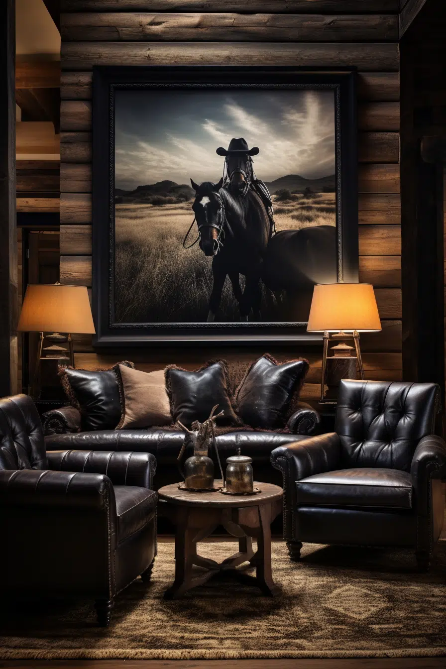 A Western-themed living room with leather furniture and a painting of a horse.