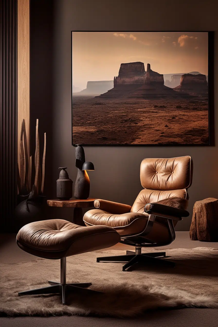 Eames lounge chair and ottoman in front of a large painting, with Western Room Inspo.