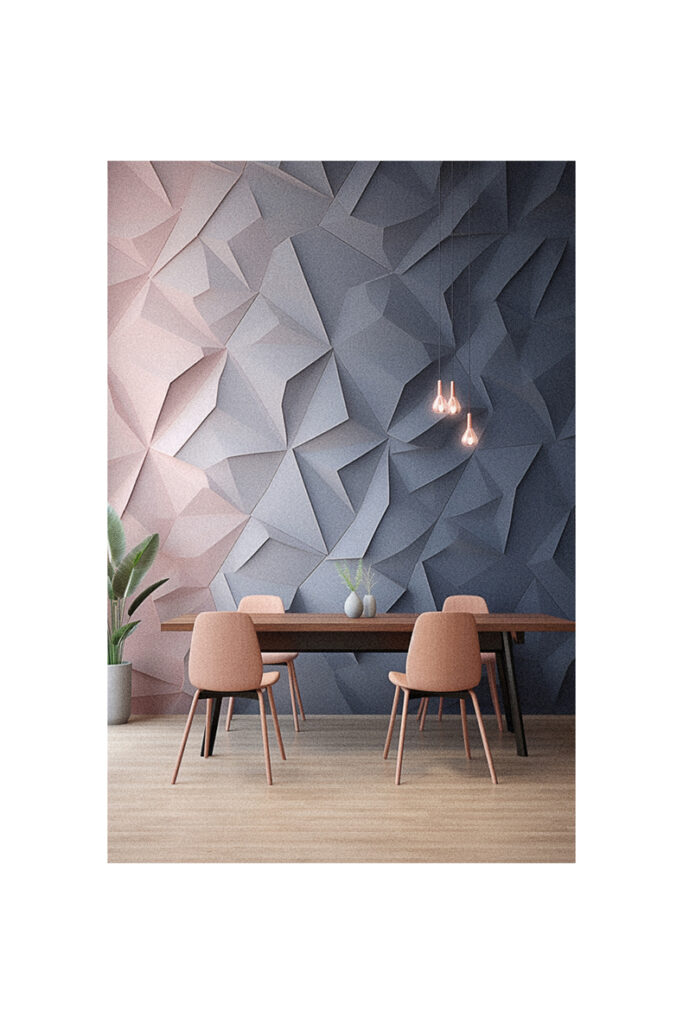A dining room with a vibrant geometric wall.