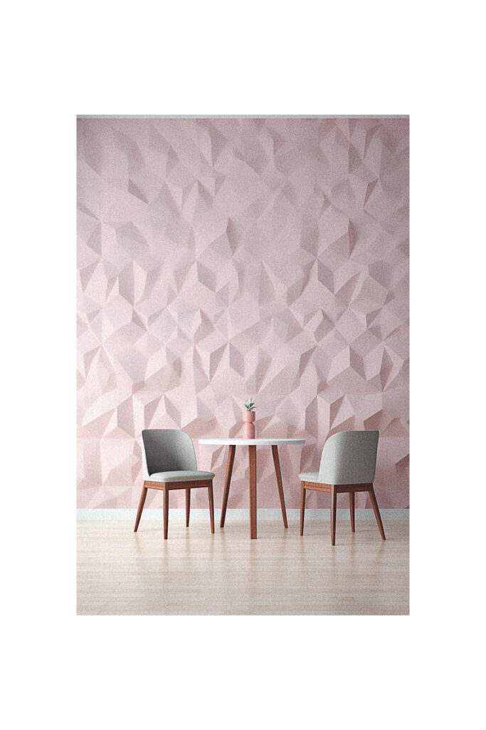 A room with a pink wall and a table and chairs decorated with 3D wallpapers.