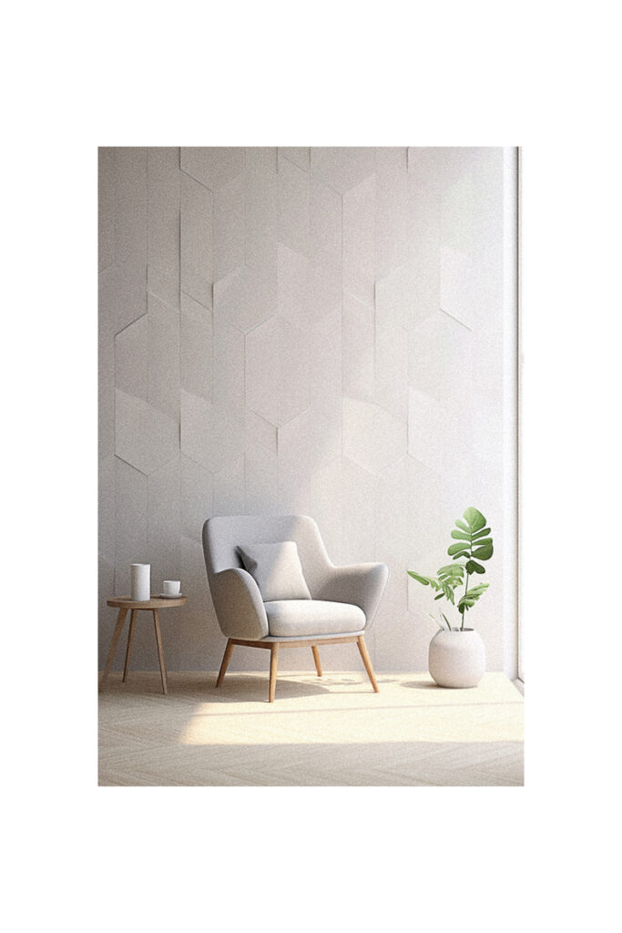 A room with a white wall and a chair featuring 3D wallpaper.