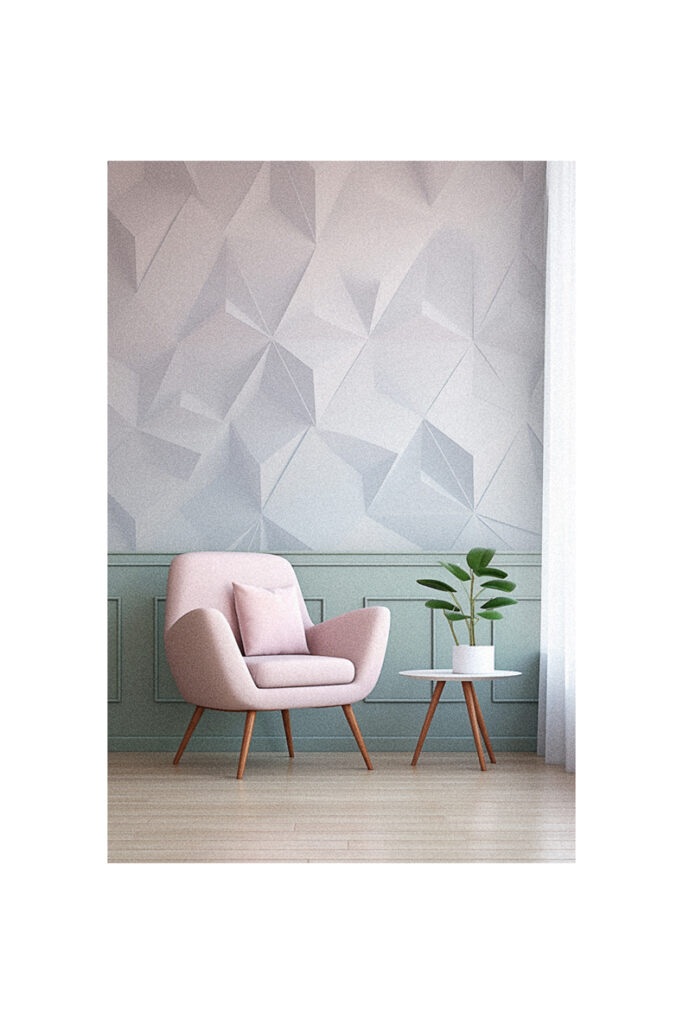 A room with a pink chair in front of a white wall, featuring 3D wallpapers for home wall decor.