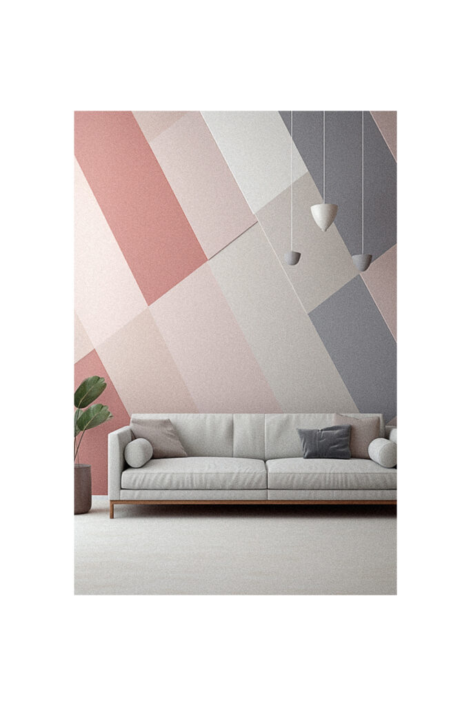 A living room with a pink, grey, and white wall decorated with 3D wallpapers.