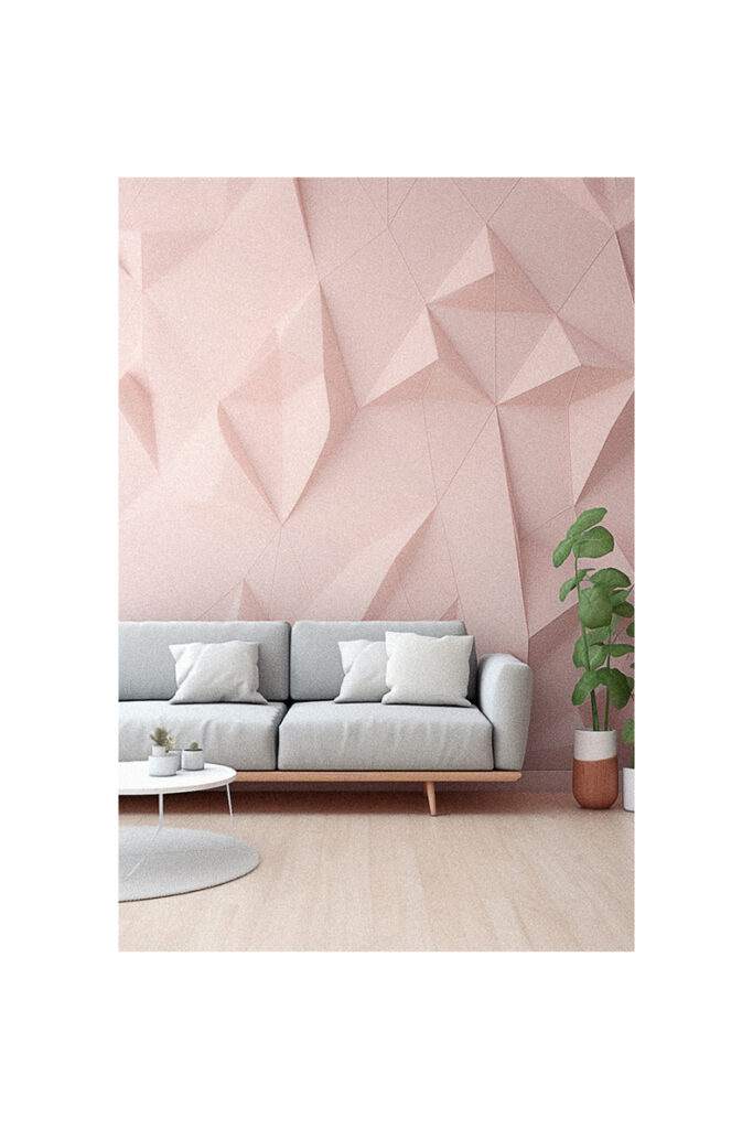 A living room with a pink geometric wall decorated with 3D wallpaper for walls.