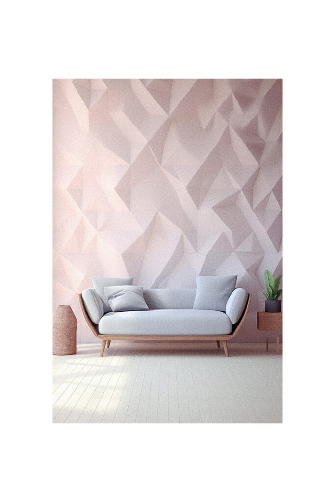 A living room with a pink geometric 3D wallpaper.